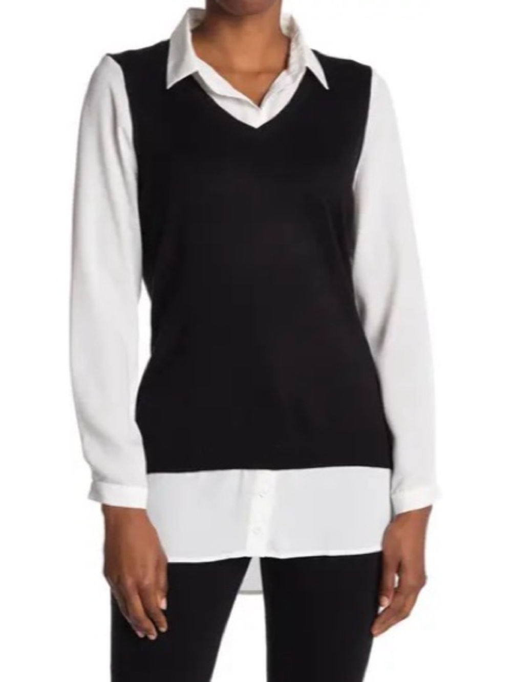 Adrianna Papell Academia Sweater Vest Twofer Blouse Combo - Black and White